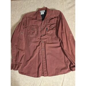 Columbia Mens Long Sleeve Roll Tab Button Down Shirt Red Brown Cotton Small